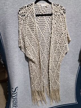 Blu Pepper Open-Knit Fringe Kimono in Beige